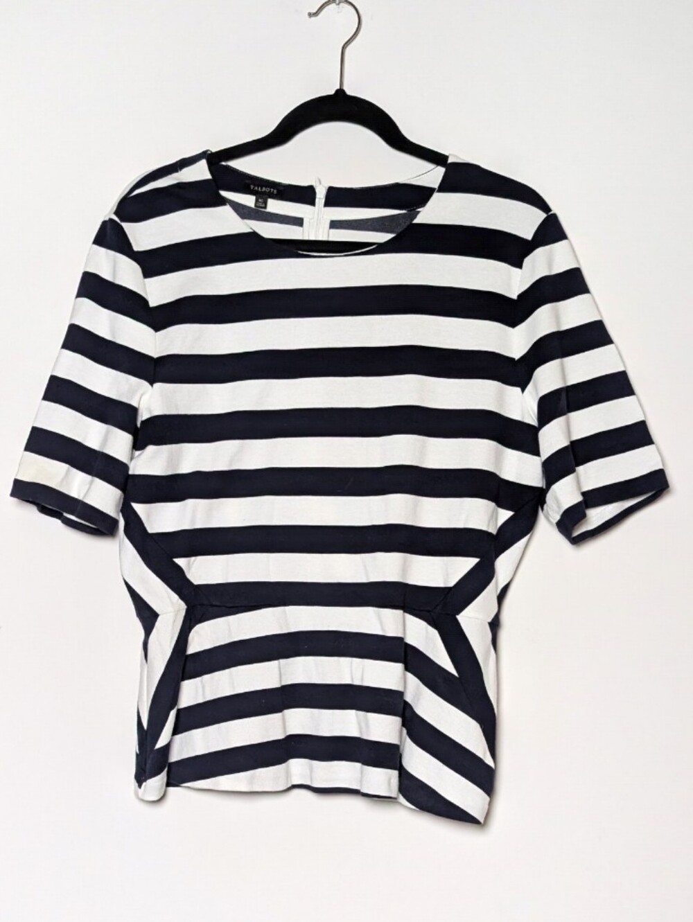 Talbots Navy & White Striped Peplum Short Sleeve Top Blouse XL